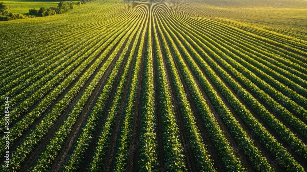 Poster Endless rows of green crops under soft lighting create a serene landscape in perfect alignment Generative AI