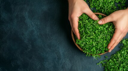 Hands gently cradling a bowl of fresh microgreens on a textured dark surface, with scattered greens