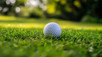 Obraz premium High quality image of a bright white golf ball resting on vibrant green grass in a sunlit outdoor environment