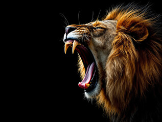 Powerful lion roaring with mouth wide open, showing sharp teeth and detailed mane, on dark background. Concept of strength, dominance, and wild nature. Ai generative