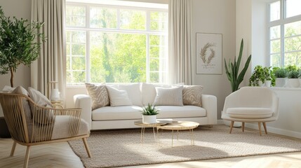 Modern living room with large window, sunlight, and greenery. Interior design concept