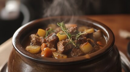 Rustic Traditional Irish Stew Dish with Fresh Vegetables and Hearty Seasoning on a Wooden Table