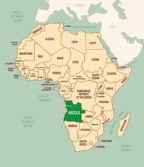 Obraz premium Editable Vector Map of Angola, Africa, with country border, country names, and capital city