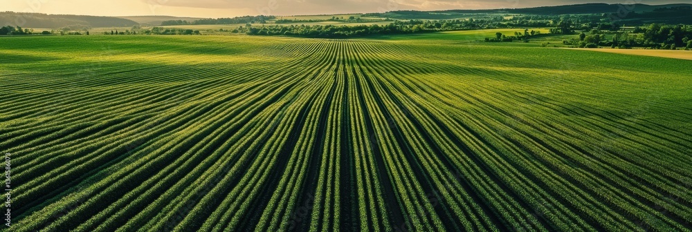 Fototapete Minimalist aerial view of perfectly aligned green crop rows in soft lighting with striking symmetry and a natural color palette Generative AI