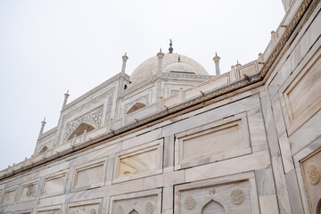 Amazing view of Taj Mahal which is among seven world wonders. Famous Indian Islamic heritage at cloudy day, Taj Mahal located at south bank of the Yamuna River
