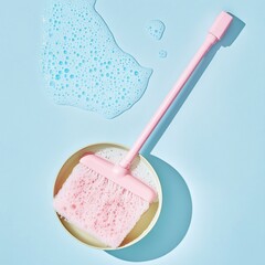 Pastel Pink Cleaning Brush in a Bowl with Soap Suds