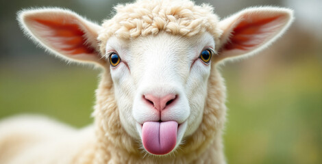 Obraz premium Close-up of a fluffy sheep sticking out its tongue, with expressive eyes and soft wool, set against a blurred natural background. Ai generative