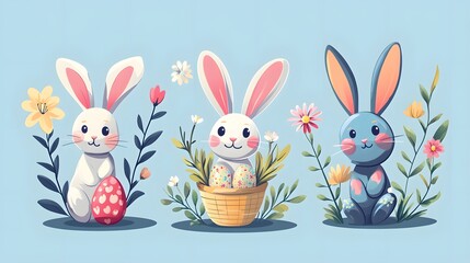 Happy Easter decorated geometric style Easter card set. Bunnies Easter eggs flowers and basket in modern bold minimalist style. Abstract flowers bunnies and eggs