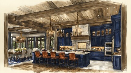 Luxurious kitchen design with exposed beams, dark blue cabinetry, and large island.