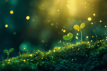 magical and enchanting natural scene, with vibrant green leaves and glowing light effects that create a dreamlike atmosphere.