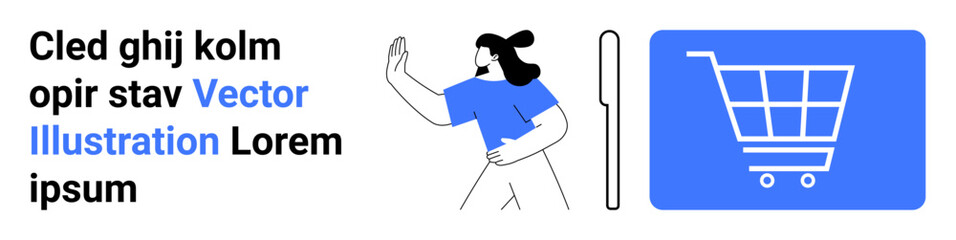 Woman making a gesture beside a shopping cart icon, representing online shopping, retail, and e-commerce. Ideal for digital marketplace, customer engagement, mobile apps, virtual stores, shopping