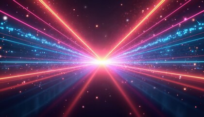 Naklejka premium Abstract vibrant light streaks create symmetrical design. Glowing neon light rays in purple pink blue colors with stars particles over dark background. Futuristic illustration for tech presentations