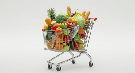 Full grocery cart overflowing with fresh produce.