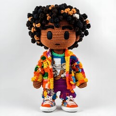 Handmade colourful crochet boy doll with curly hair and streetwear outfit on white background