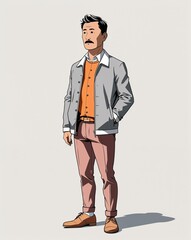 Fototapeta premium Middle aged man short black hair in gray jacket and brown pants solemn gaze on plain white background minimalist clean cartoon style illustration shoes