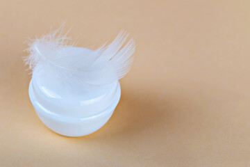 Mockup. Cream jar with feather symbolizes gentle skincare on pastel background. Cream for delicate skin treatment and luxury beauty routines. Cosmetic cream represents softness skincare trend