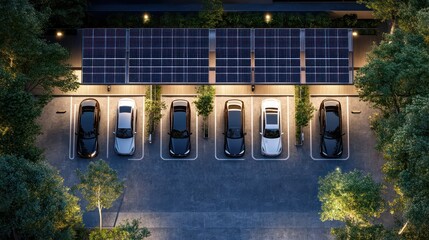 Solar-powered electric vehicle charging station urban parking lot digital rendering eco-friendly environment aerial view sustainability concept