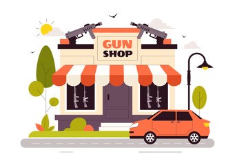 Fototapeta premium Gun Accessories Shop Vector Illustration featuring a Rifle, Bullets, Weapons, and Hunting Equipment in a Flat Style Cartoon Background