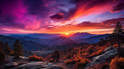 Amazing mountain landscape with colorful vivid sunset. Sunset in summer mountains