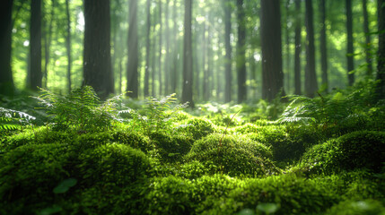 Fototapeta premium Sunlit Forest Moss & Ferns Background - Nature photography