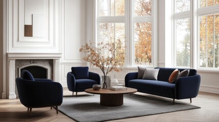 Elegant living room with autumn view, modern furniture, cozy atmosphere, for interior design