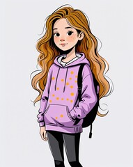 Teenage girl long wavy auburn hair in purple hoodie and black leggings shy expression on plain white background minimalist clean cartoon style illustration shoes