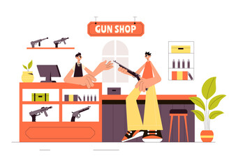 Naklejka premium Gun Accessories Shop Vector Illustration featuring a Rifle, Bullets, Weapons, and Hunting Equipment in a Flat Style Cartoon Background