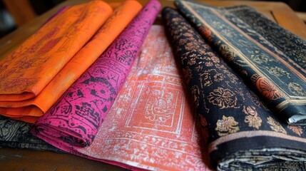 Collection of vibrant hand-printed textiles with intricate designs, showcasing diverse colors and patterns.  Unique textures and rich cultural heritage.