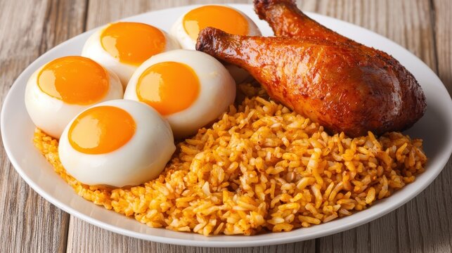 A delicious and nutritious meal featu roasted chicken drumsticks served with fluffy red rice and perfectly boiled eggs on a white plate.