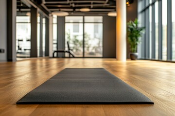 Yoga mat on natural wooden floor in empty room in fitness center, Modern yoga class room with nobody, Training, Fitness center interior.