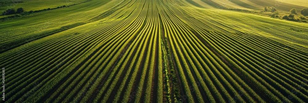 Poster Perfectly aligned green crop rows stretch into the horizon under soft lighting and clean symmetry during early morning hours Generative AI