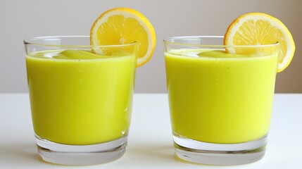 Fototapeta premium Two refreshing glasses of vibrant green smoothie garnished with lemon slices sit on a white surface perfect for a healthy breakfast or refreshing snack.