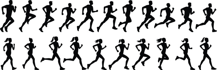 Dynamic runner silhouette set, runner vector in various poses for fitness and sport designs. Ideal for marathon, exercise, and athletic projects