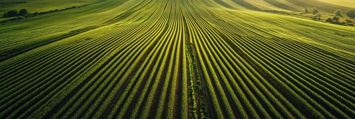 Obraz premium Perfectly aligned green crop rows stretch into the horizon under soft lighting and clean symmetry during early morning hours Generative AI