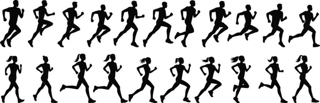 Dynamic runner silhouette set, runner vector in various poses for fitness and sport designs. Ideal for marathon, exercise, and athletic projects