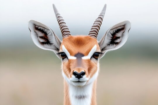 Close-up view of a gazelle showcasing its striking features in a soft natural environment during daylight hours
