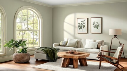 Light-filled living room, beige tones, nature view, relaxation, home decor, interior design, cozy space, perfect for a calm ambiance