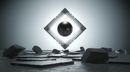 A hyper-realistic 3D visualization of a sci-fi energy core—a glowing metallic sphere trapped in a floating transparent cube with scattered rocks.