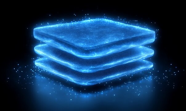 Stack of Illuminated Blue Layers Glowing with Particle Effects on Black