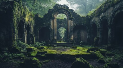 Fototapeta premium Ancient temple surrounded by lush greenery at dawn with soft sunlight illuminating the surroundings