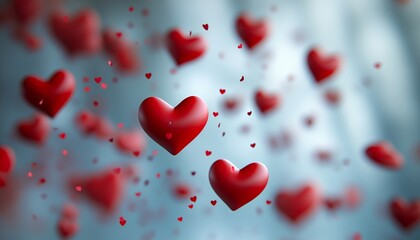 Obraz premium Floating red hearts on a soft blue background creating a romantic atmosphere.