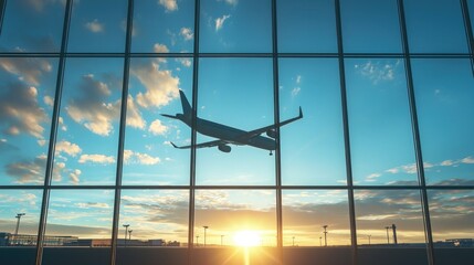 airplane silhouette flying against the background of large windows in an airport, with ample space for text