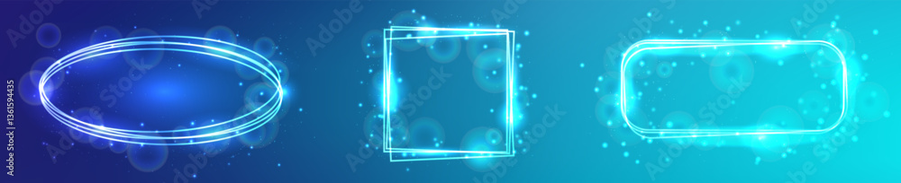 Poster set of three neon frames with shining effects and sparkles