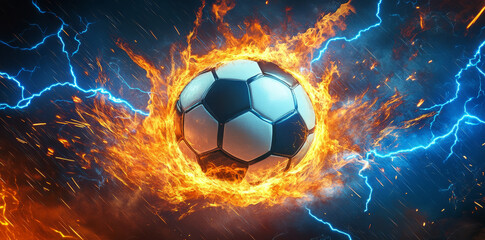Naklejka premium soccer ball surrounded by fiery energy and lightning