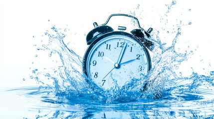 Vintage alarm clock splashing into water, dynamic scene