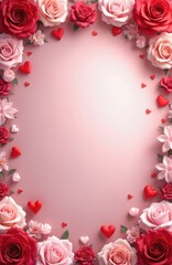 Valentine background. Red, pink hearts and roses, flowers frame a pink backdrop. Romantic floral design for greeting cards, wedding invitations, posters. Perfect for love, romance, passion themes.