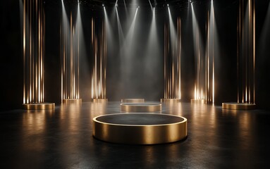 Obraz premium Stylish stage with illuminated podiums and dramatic lighting effects.
