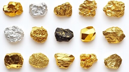 Gold, silver, and black nuggets on white background.