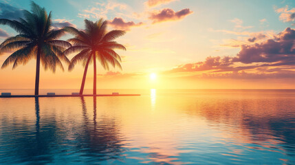 Tropical beach sunset with palm trees and calm water