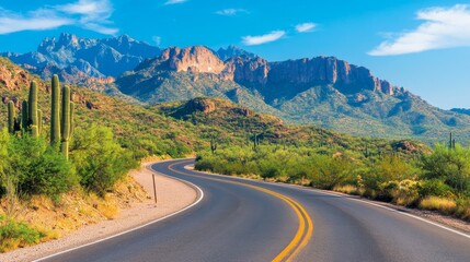 Naklejka premium Scenic winding road through vibrant desert landscape with mountains in the background